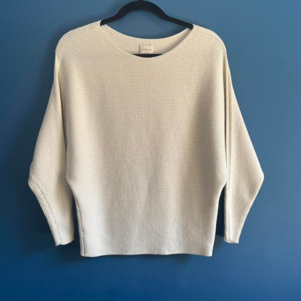 Chico's Sparkly Knit Dolman Women's Size Small Gold Cream Sweater Classic Glam